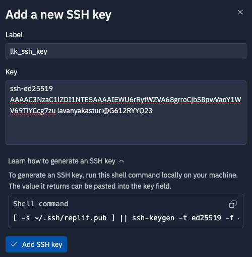 Add SSH key dialog with label and key fields filled in