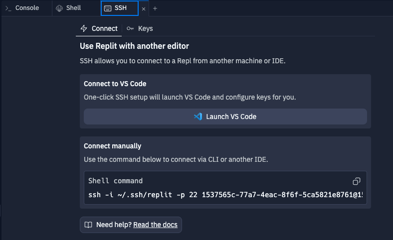 SSH connect tab showing Launch VS Code option