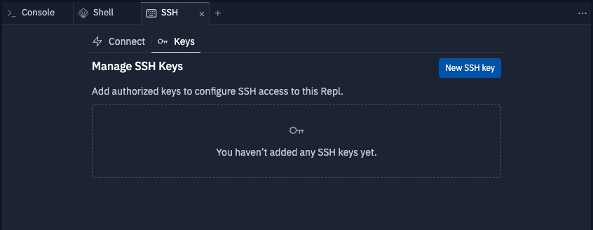 SSH tool button in the Replit interface
