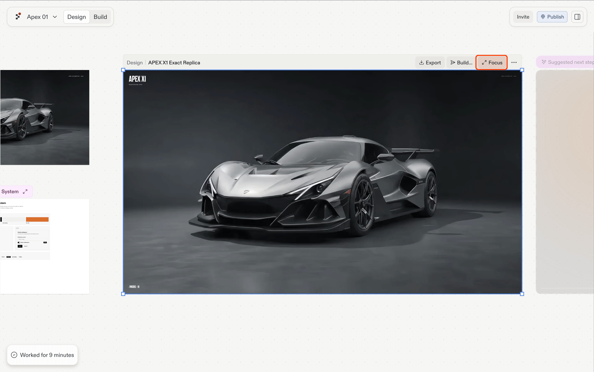 Canvas上で選択されたDesignフレーム。フレームのアクションバーでFocusアクションがハイライトされている