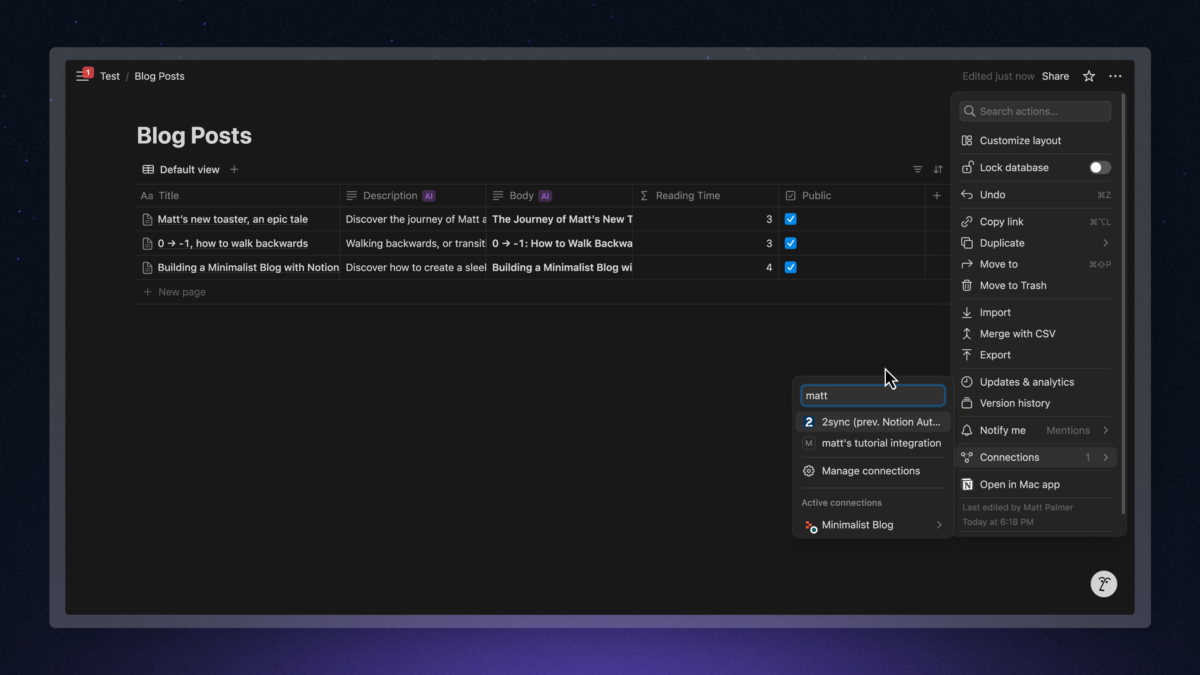 Notion page showing the three dots menu to add integrations