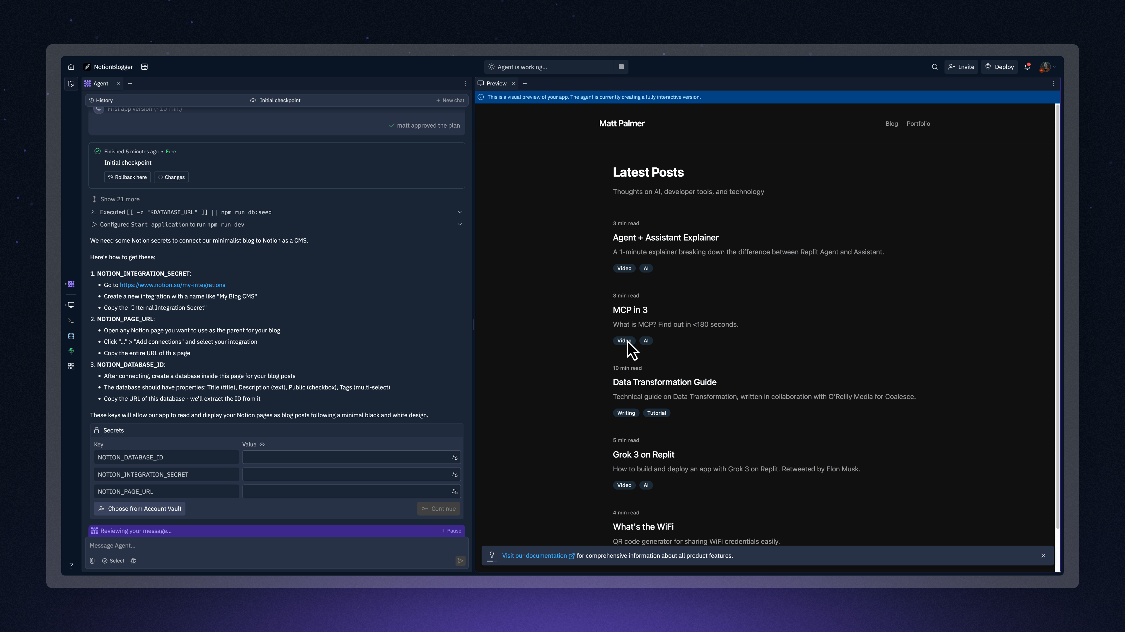 Replit Secrets tool with Notion API key and Database ID added