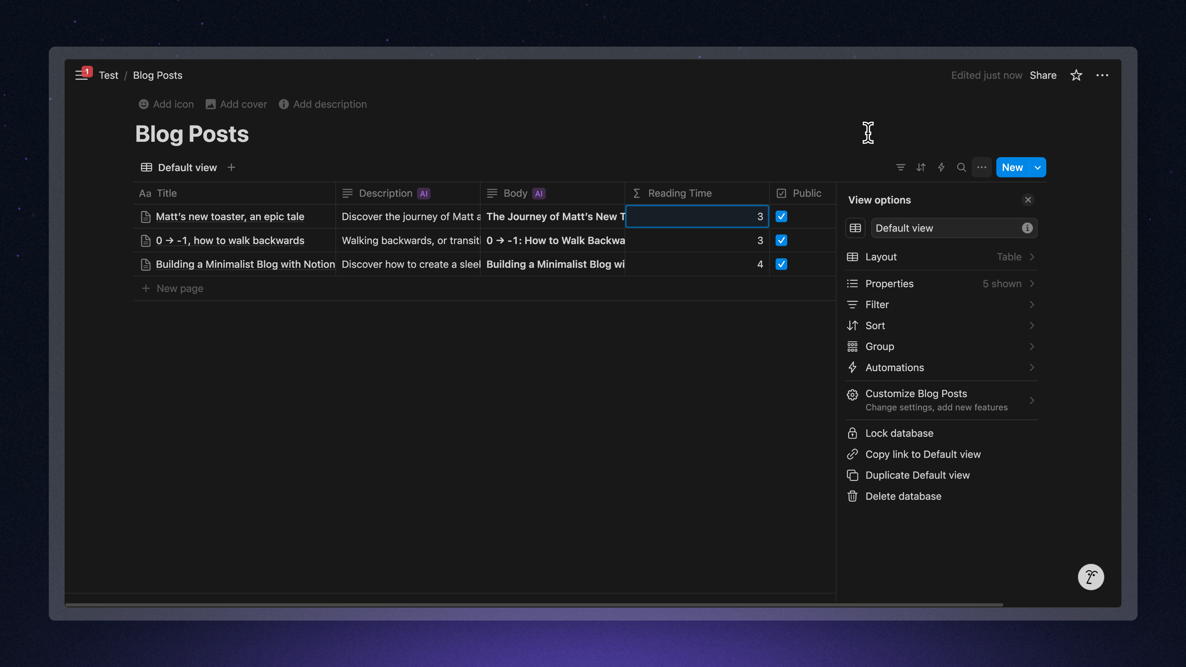 Notion database configured with columns for blog posts