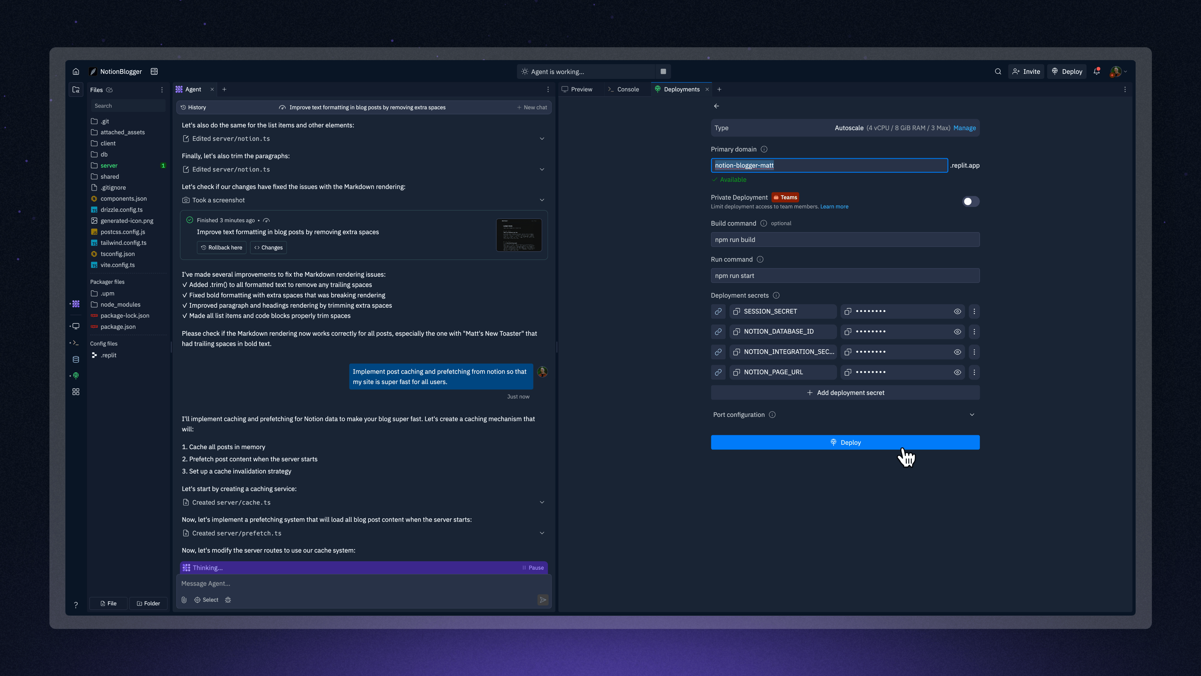 Replit publishing interface showing how to publish your Notion-powered website