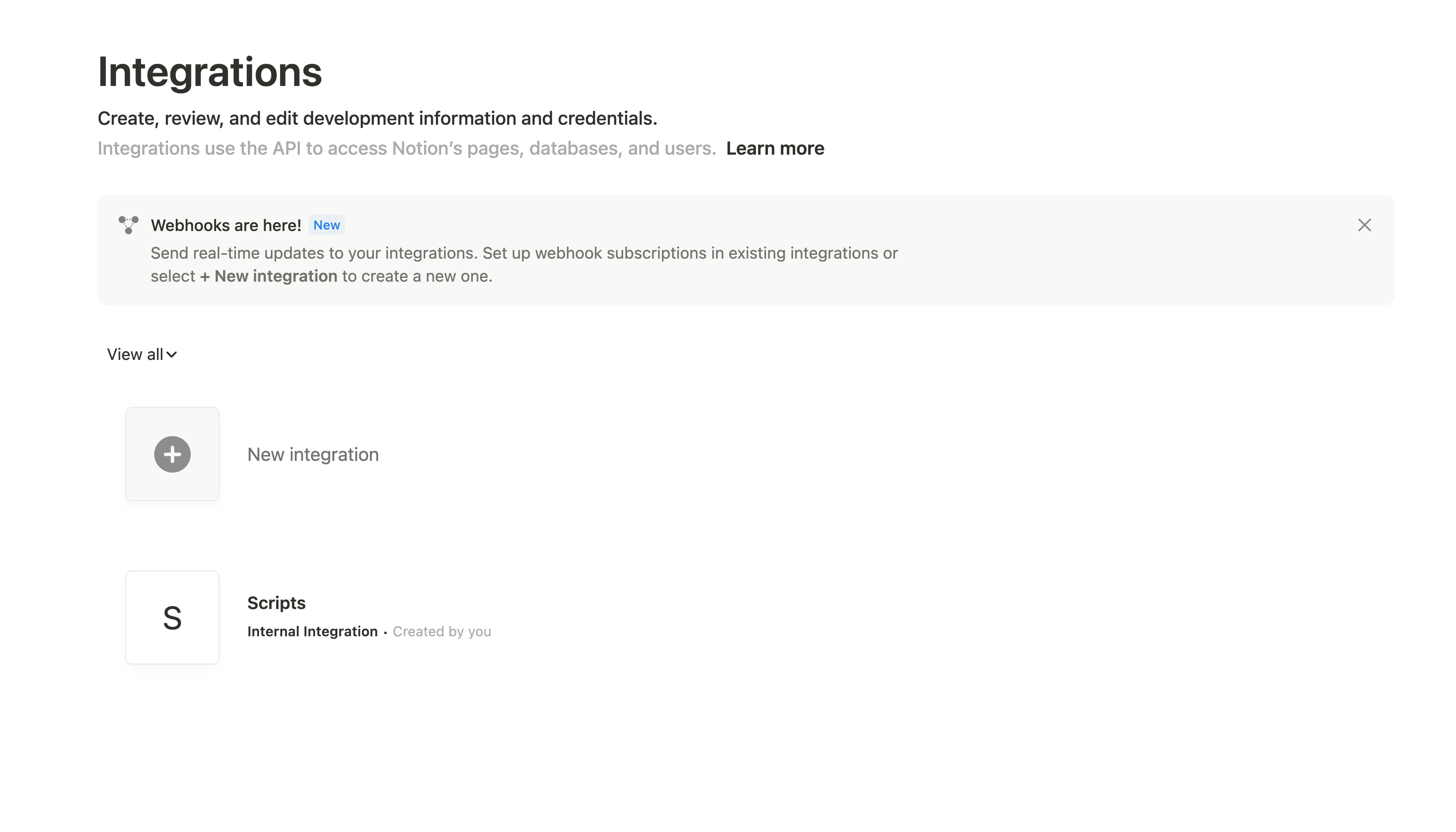 Notion developer portal showing the New integration button