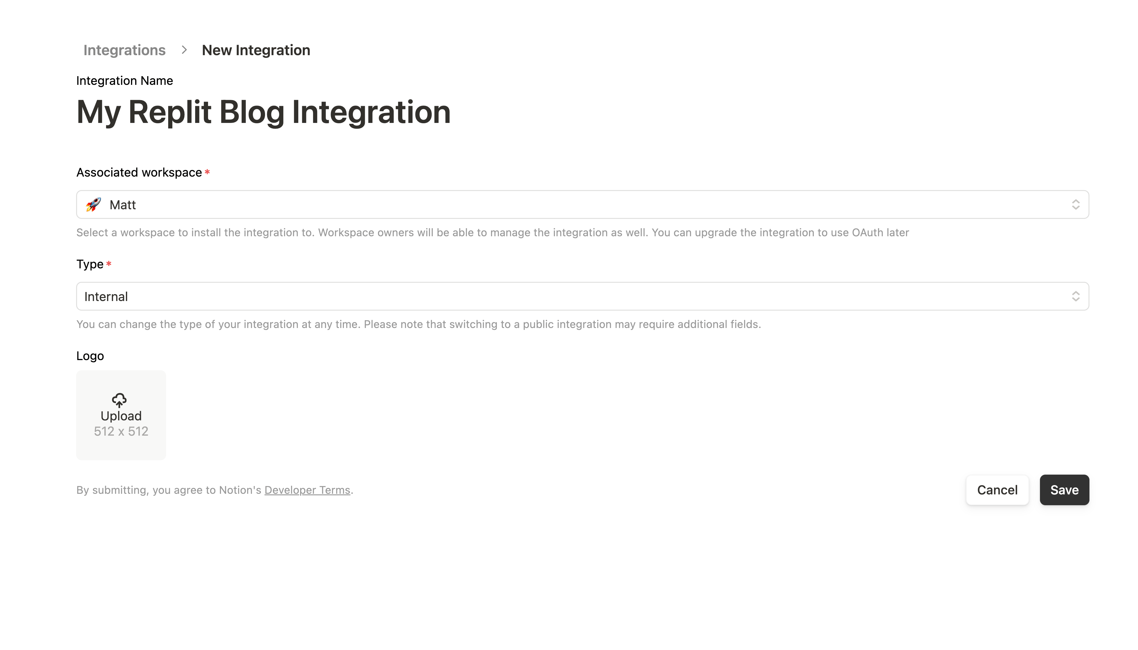 Notion integration configuration screen with name and workspace selection