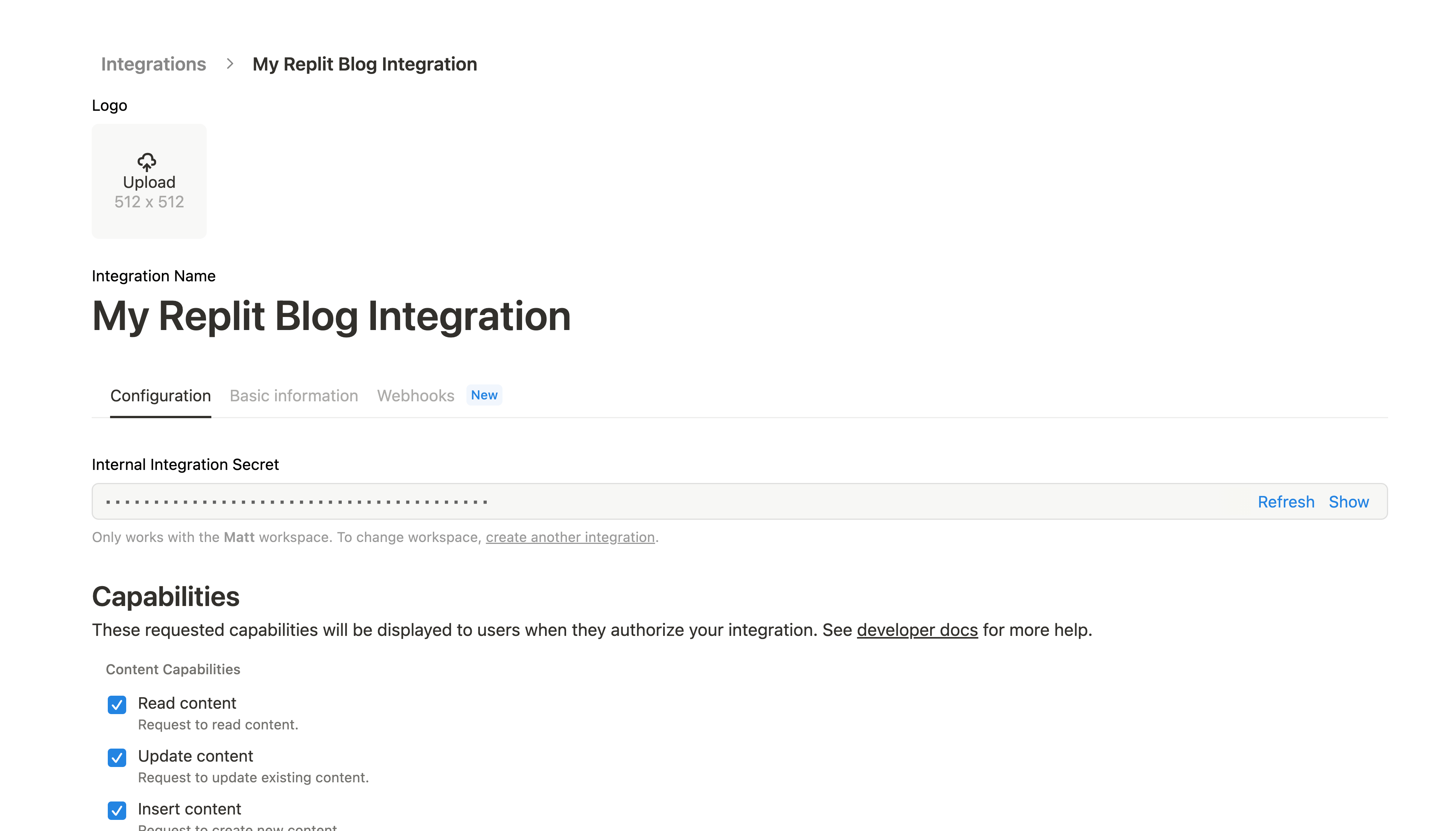 Notion integration secrets page showing the integration token
