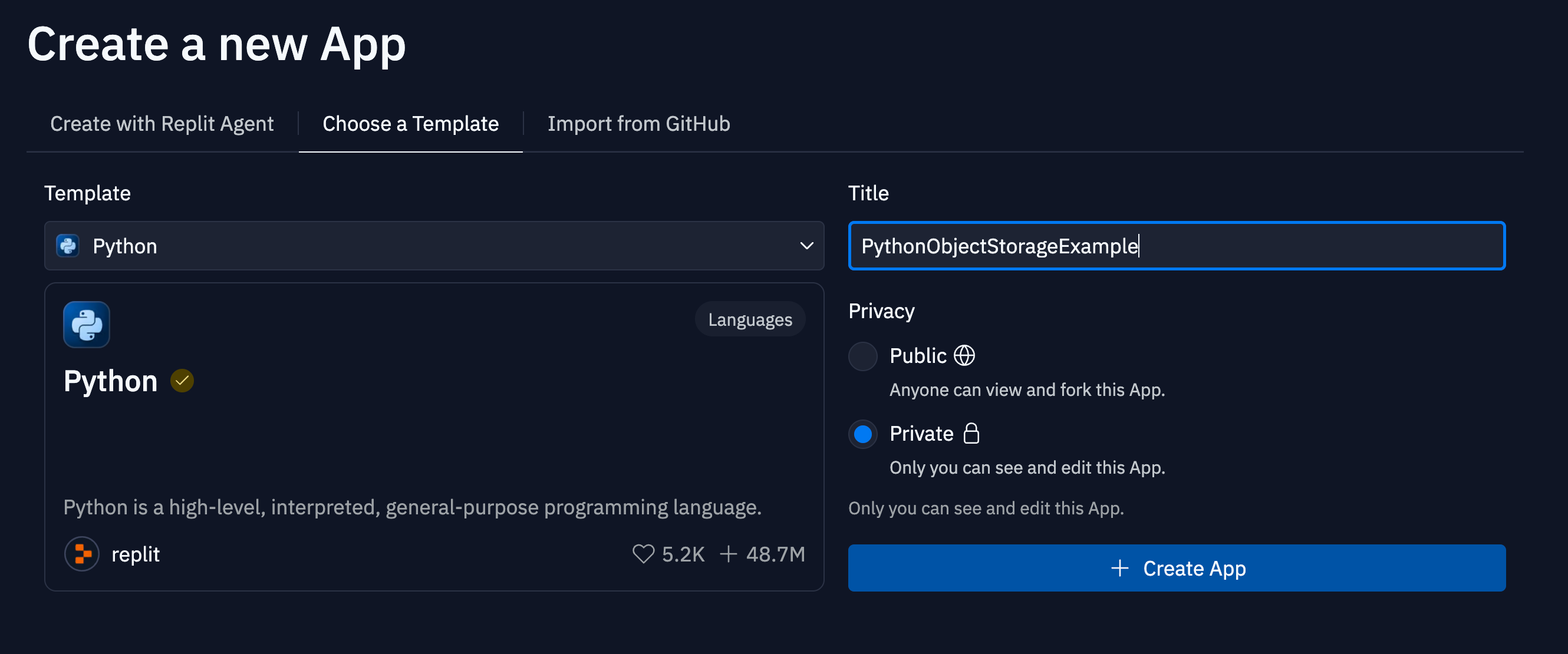 Python template selection screen