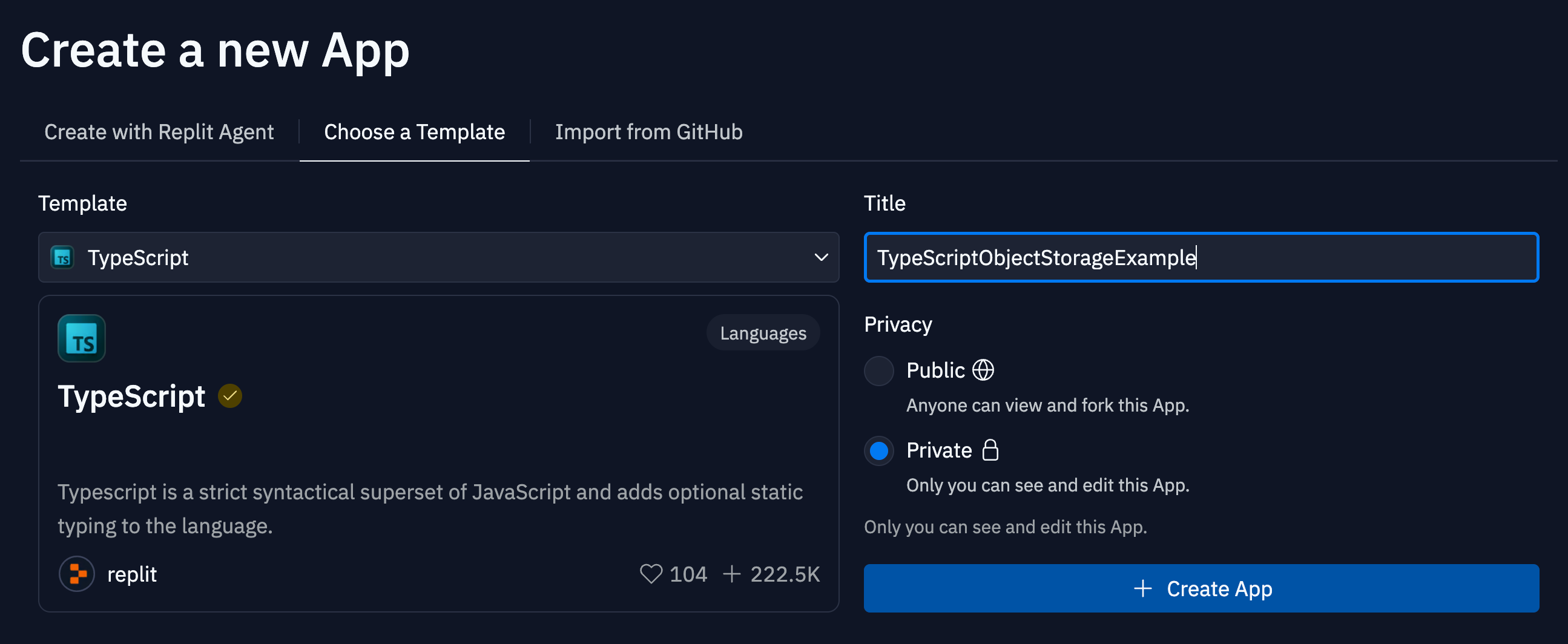 TypeScript template selection screen