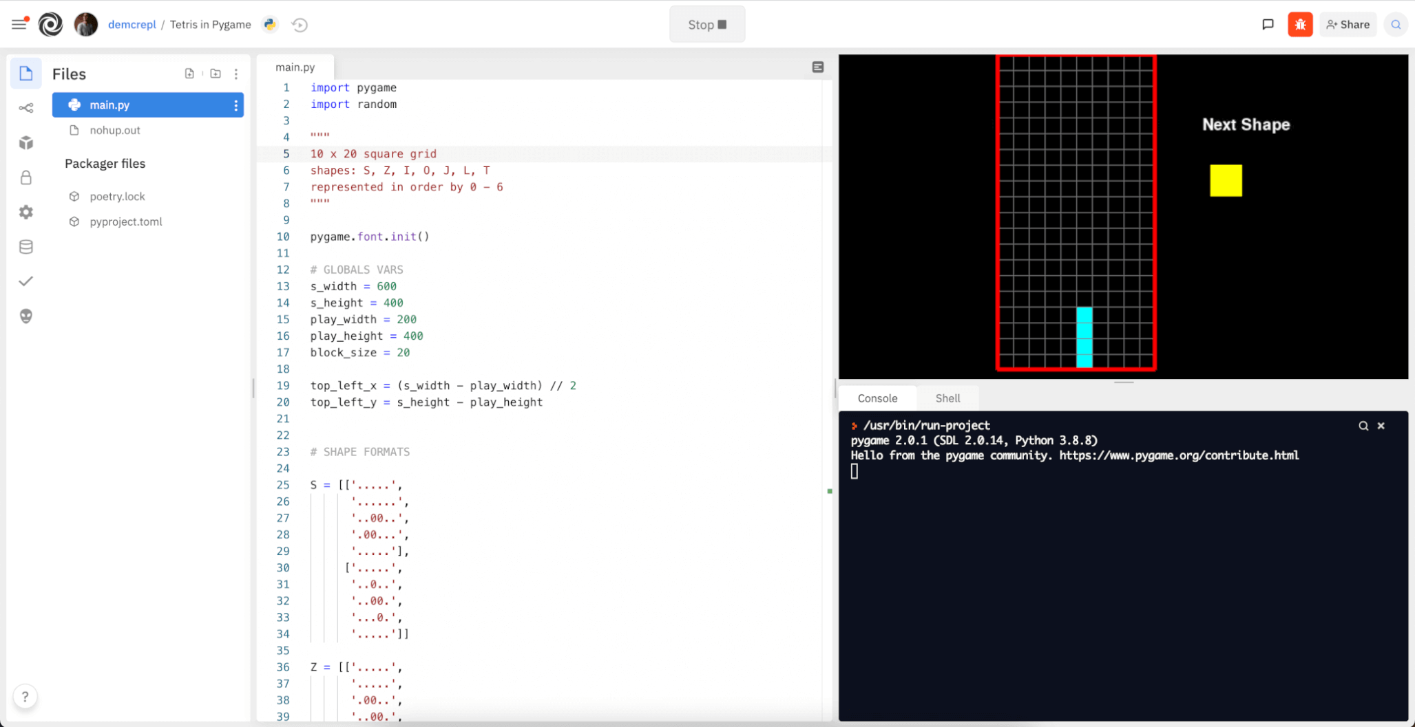 image of Tetris in a Replit App