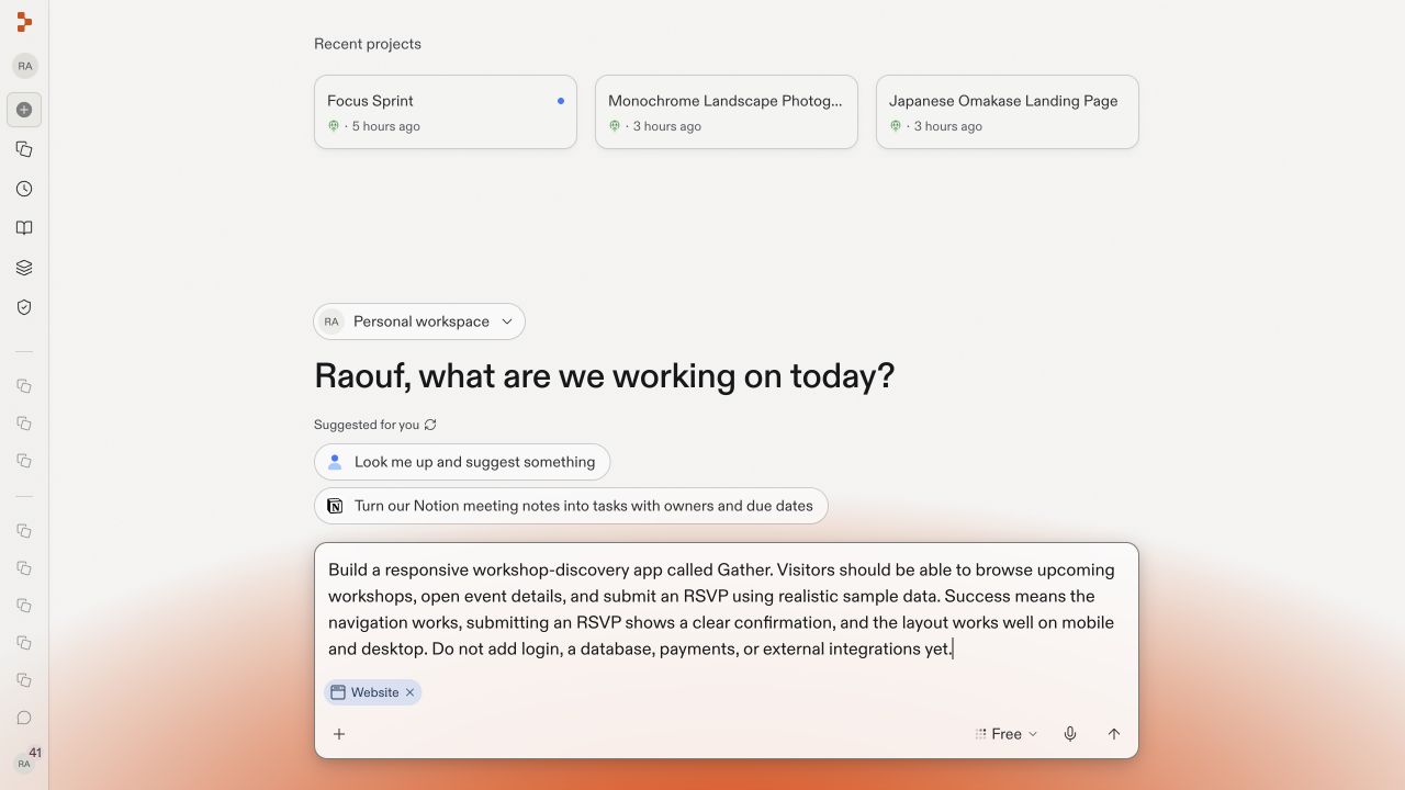 The Gather prompt ready to send with the Website artifact selected and Free Mode enabled