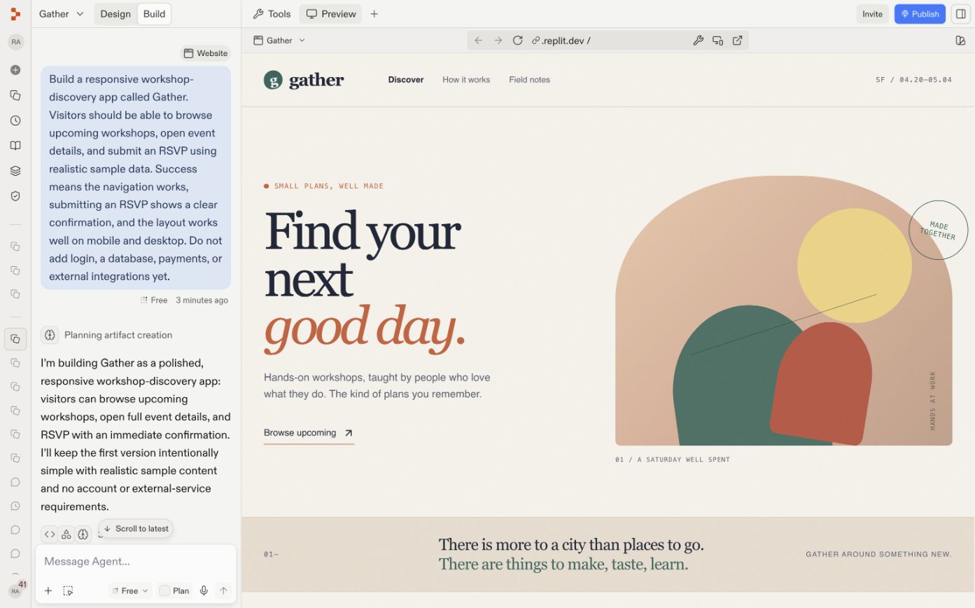 The first working Gather website in the default Build layout with Agent chat and Preview