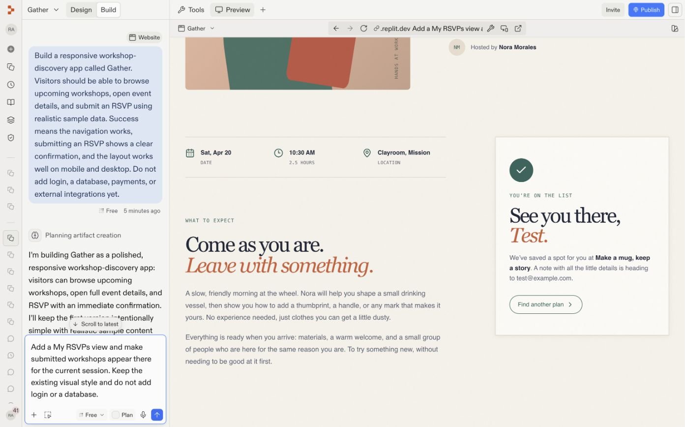 A focused follow-up prompt asking Agent to add a session-only My RSVPs view in Free Mode