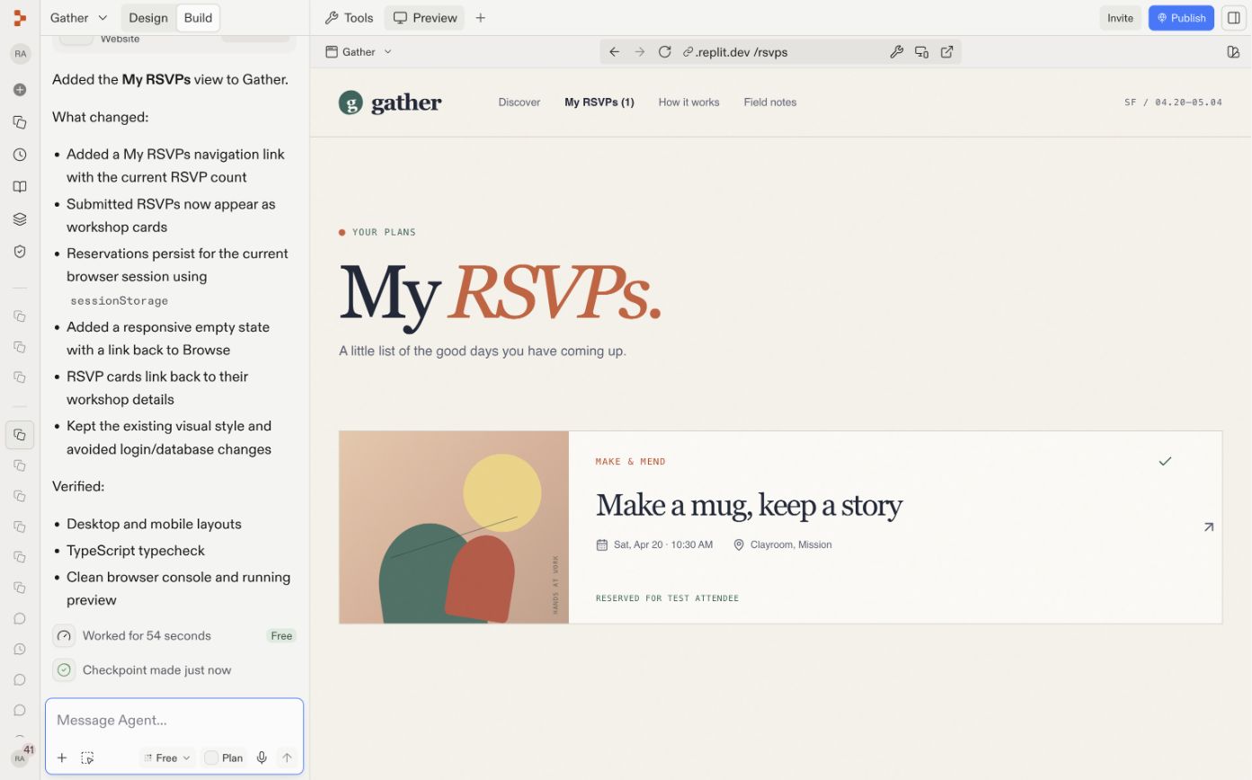The finished Gather workshop app showing the My RSVPs view in Preview