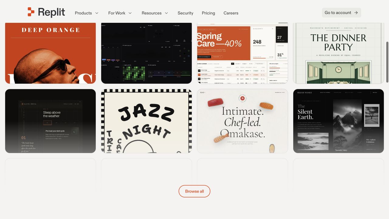 The Replit Design gallery with featured templates and format filters