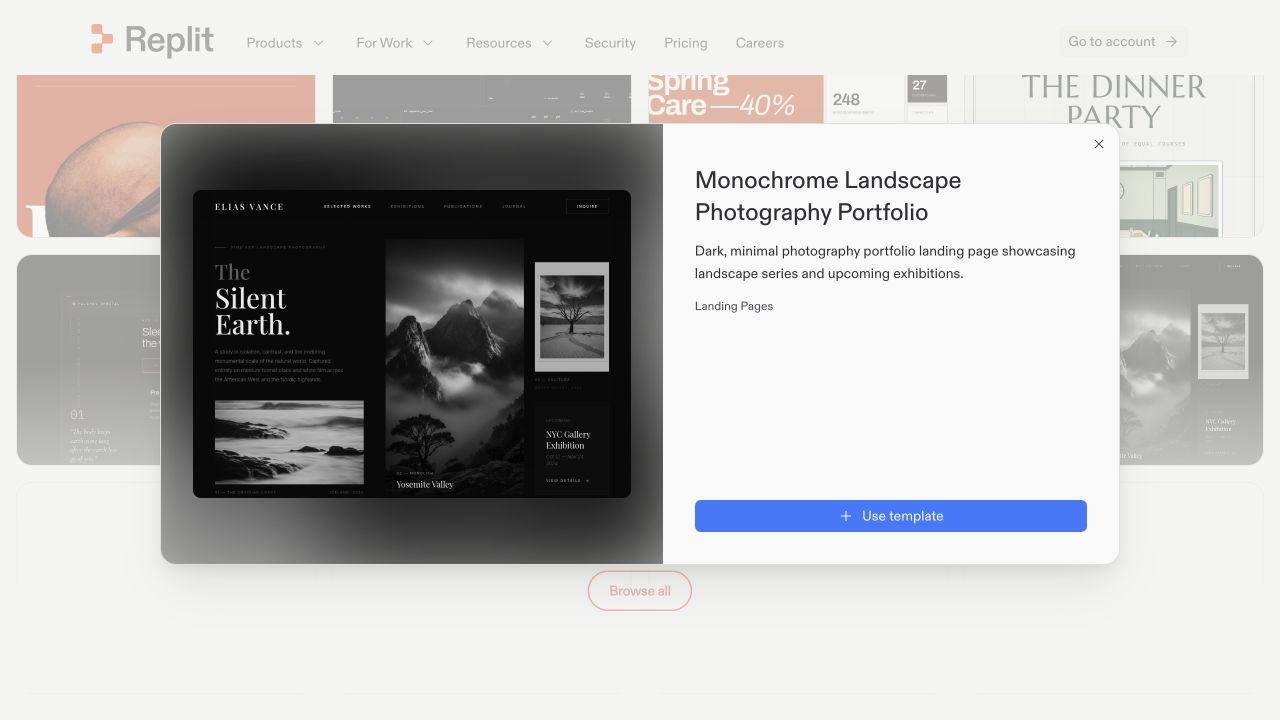 A Replit Design template preview with the Use template button