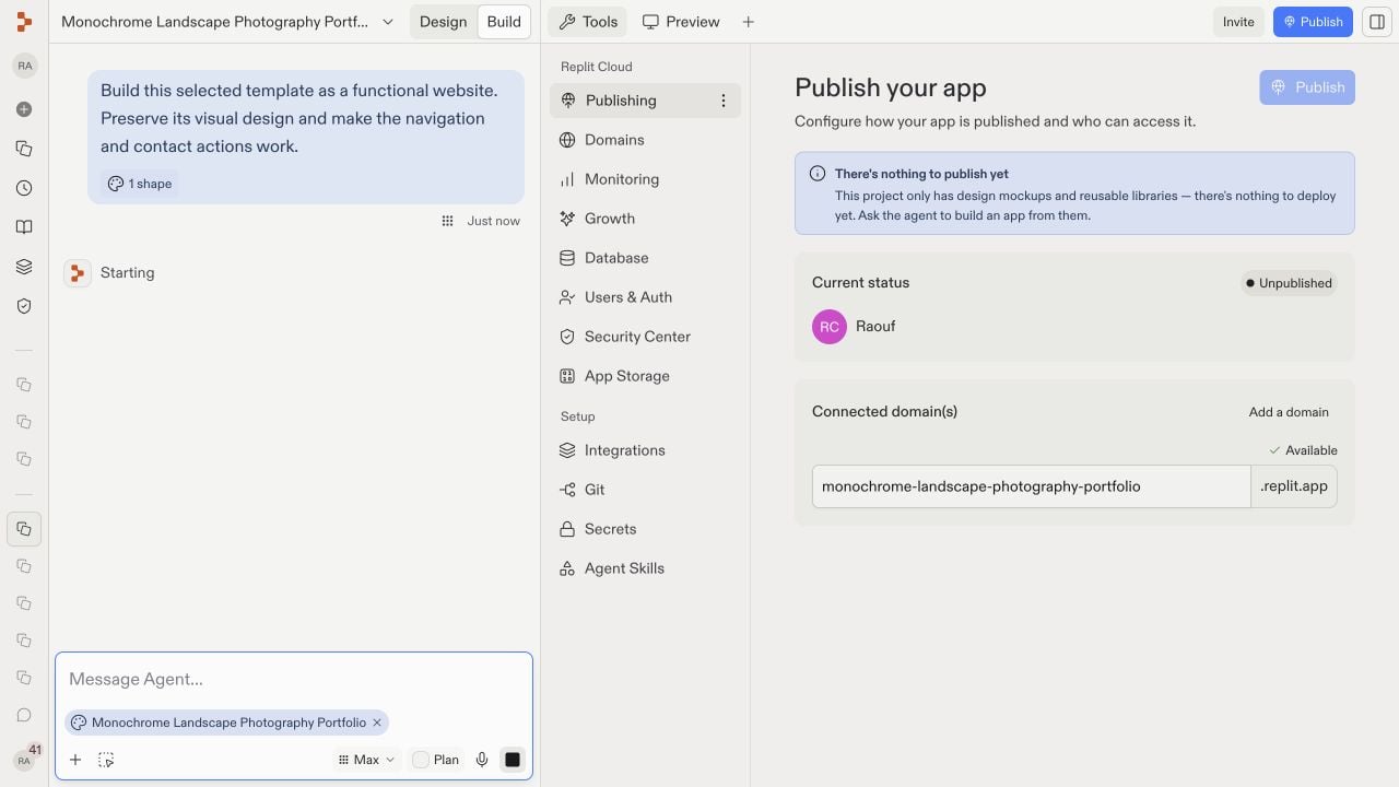 The Build workspace with a selected portfolio design attached, the build request in Agent chat, and Publishing explaining that a design-only project has nothing to deploy yet