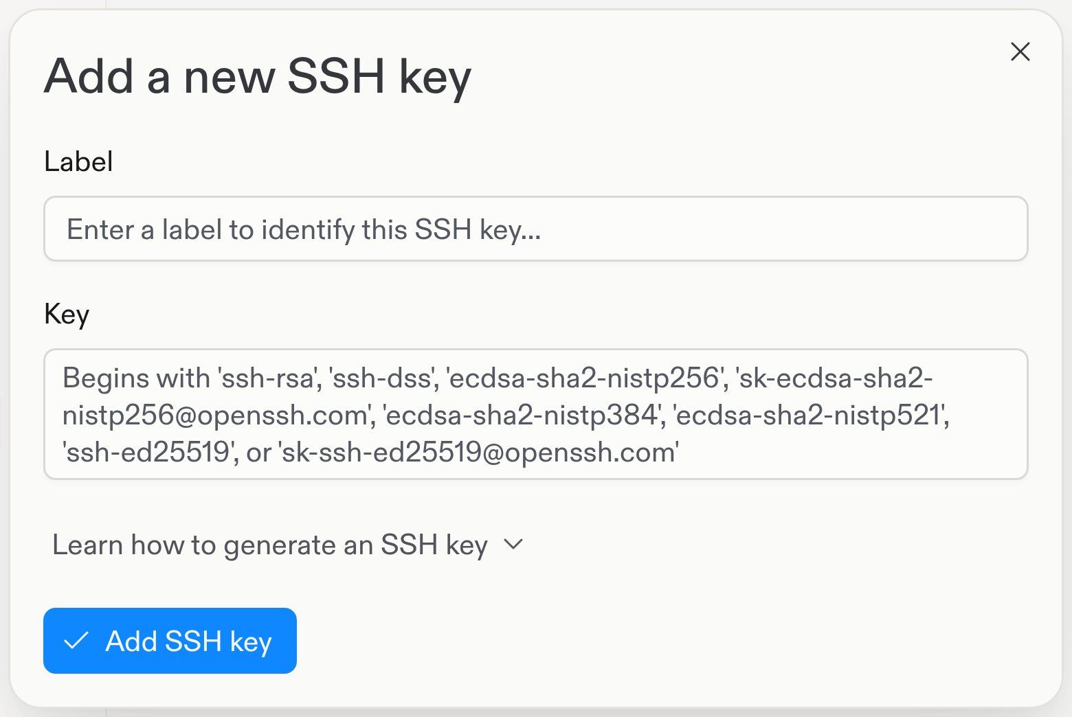 Add a new SSH key dialog with empty Label and Key fields and Add SSH key button