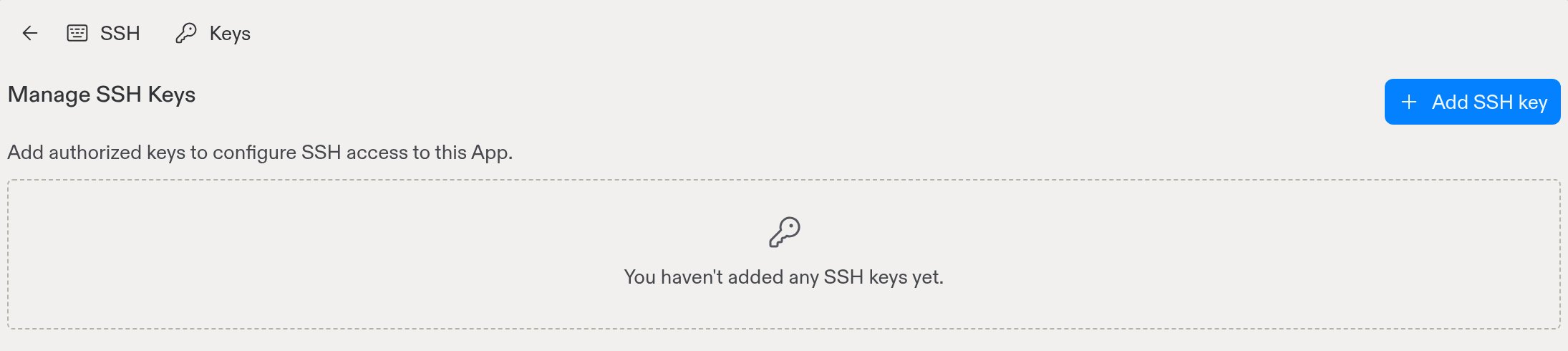 SSH Keys view with Manage SSH Keys heading and Add SSH key button