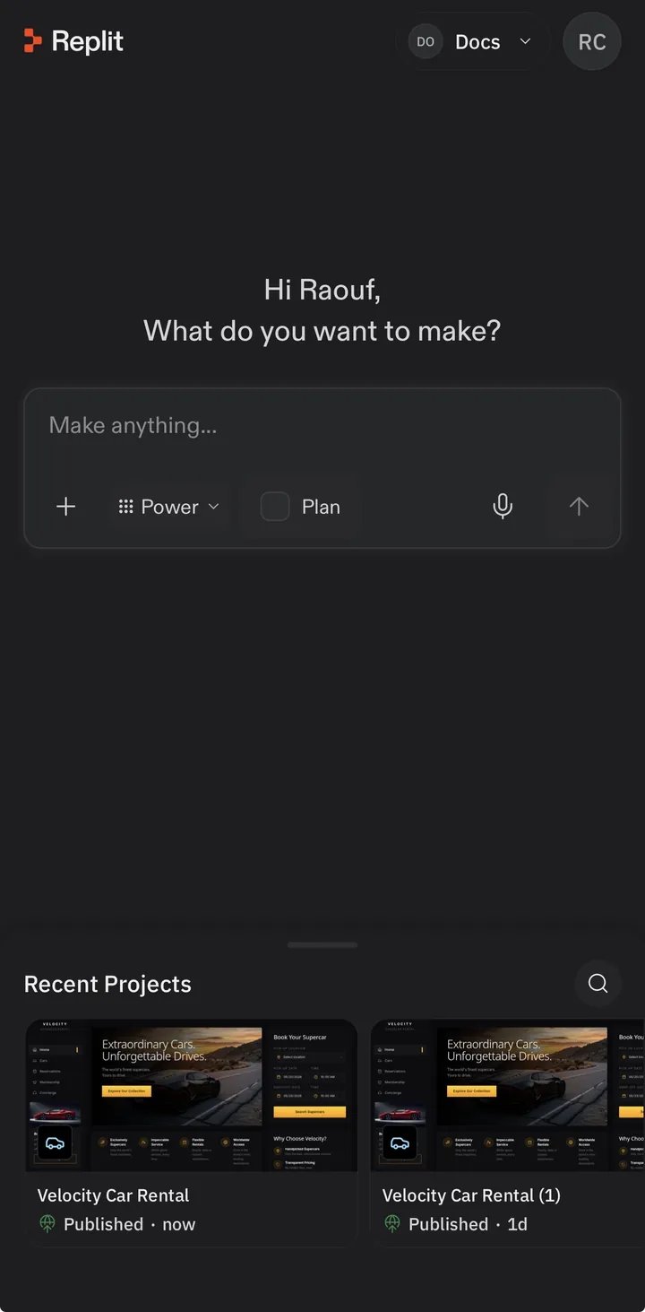 The Replit mobile app home screen with a prompt box and recent projects
