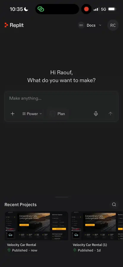 A mobile project swiping back to the home screen with the prompt box and recent projects