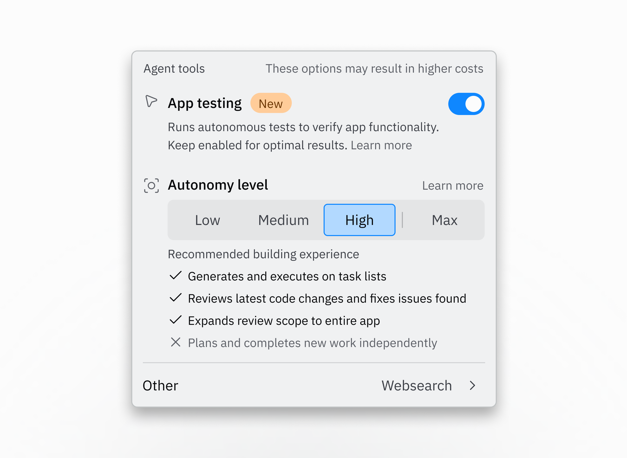 New Autonomy Level Control interface showing Low, Medium, High, and Max settings