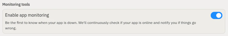 Monitoring tools section of the publish dialog with the Enable app monitoring toggle switched on