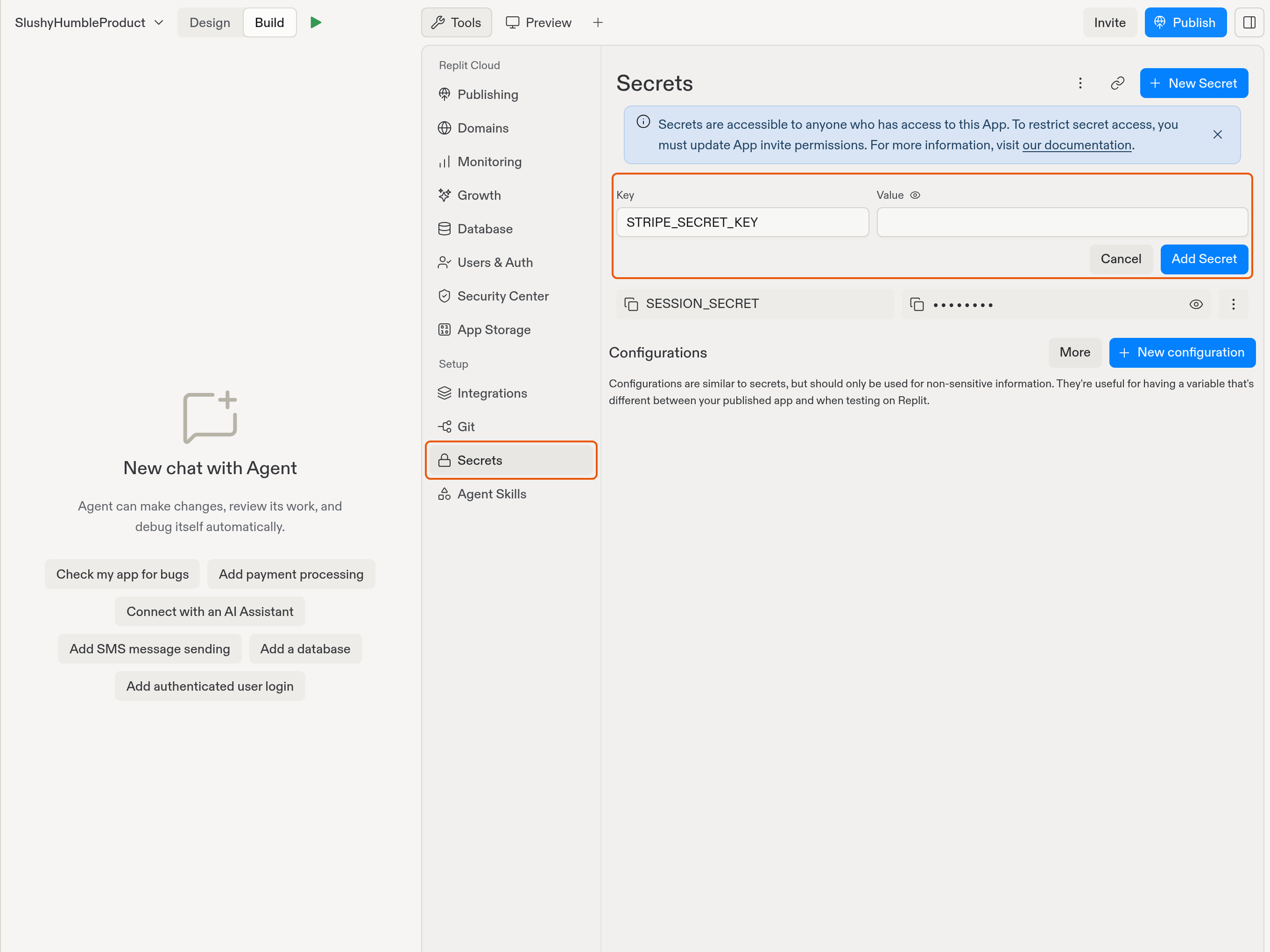 Secrets navigation and the new-secret form with STRIPE_SECRET_KEY entered in Key
