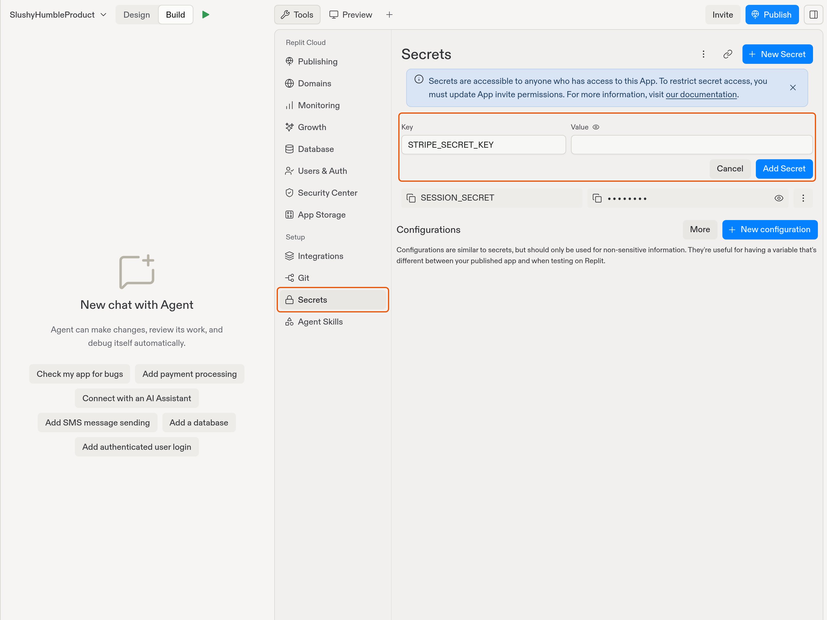 Project Editor with Secrets selected under Setup and the new-secret form highlighted, showing STRIPE_SECRET_KEY in Key and an empty Value field