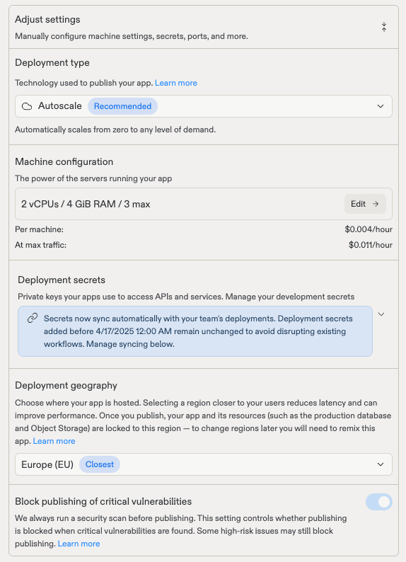The Adjust settings section showing deployment type, machine configuration, deployment secrets, deployment geography, and the block publishing of critical vulnerabilities toggle