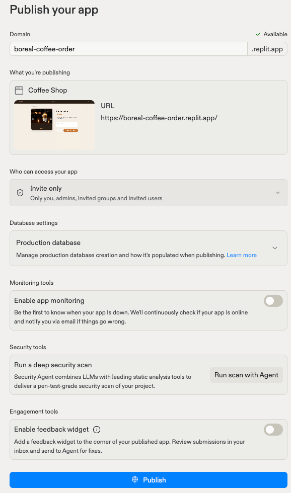 The Publish your app pane showing the Domain field, the app being published, access settings, database settings, monitoring, security, and engagement tools above the Publish button