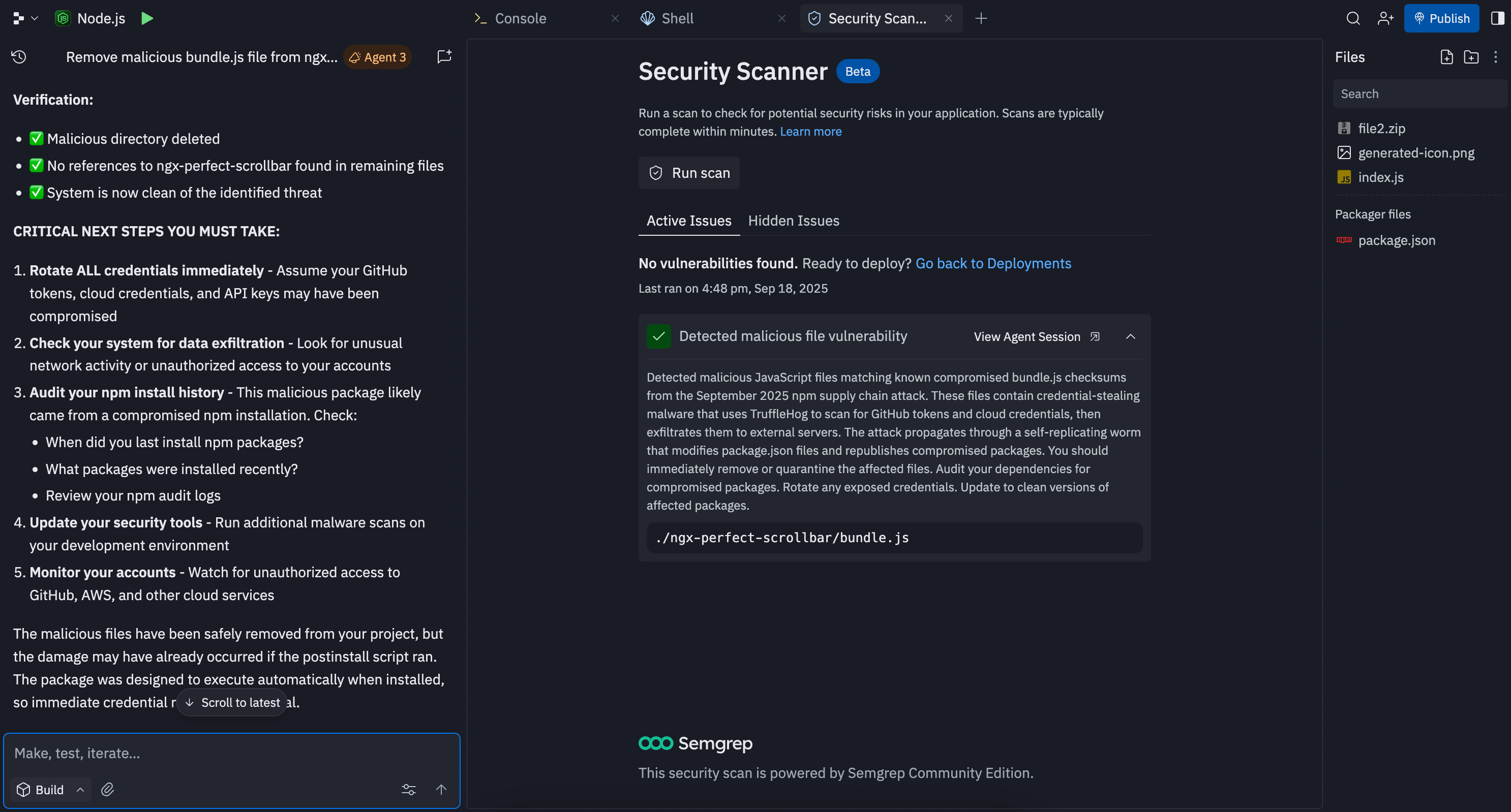 Security Scanner interface showing malicious file detection