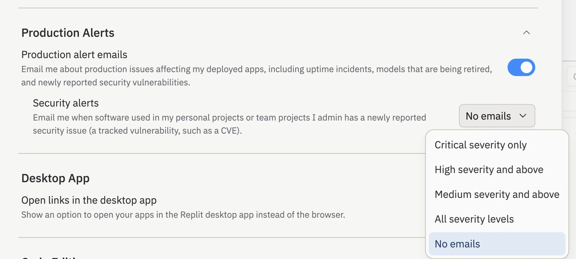 The Production Alerts section in notification settings, showing the production alert emails toggle on and the security alerts severity dropdown expanded