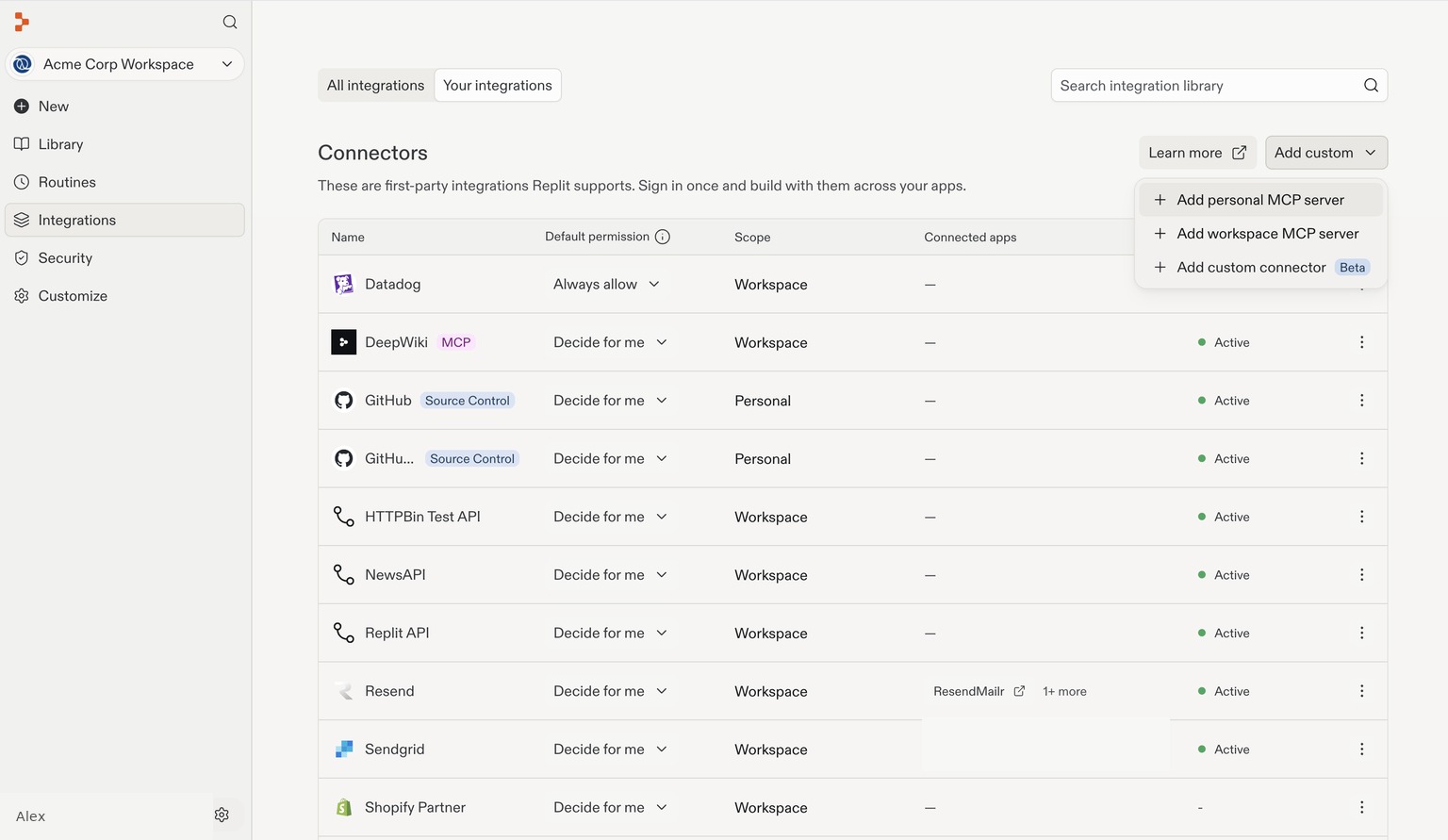 Add custom menu with Add personal MCP server, Add workspace MCP server, and Add custom connector options.