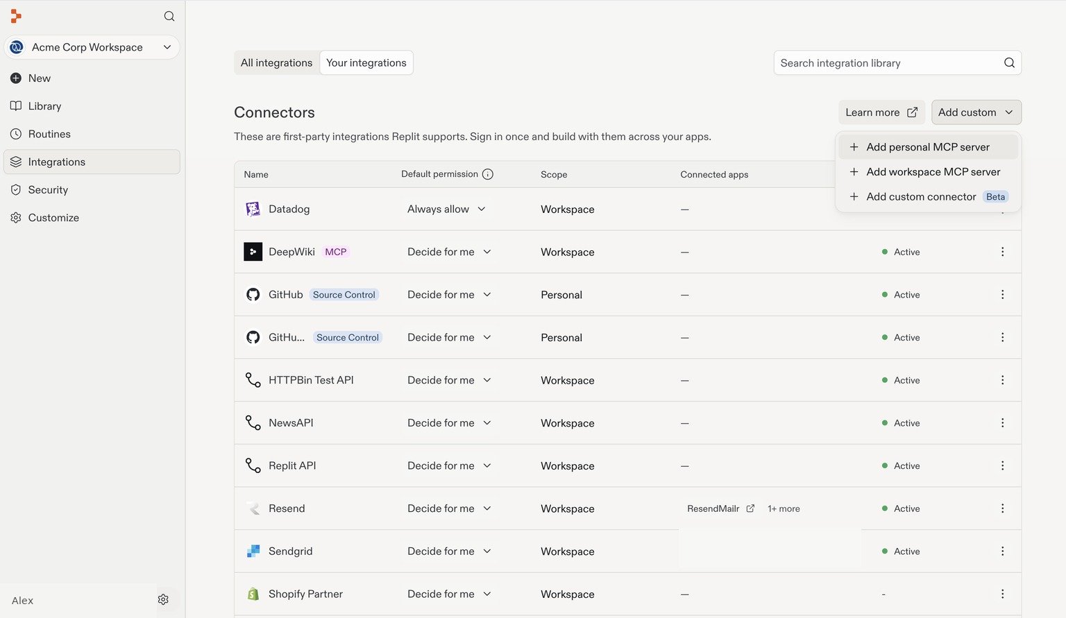 Add custom menu with Add personal MCP server, Add workspace MCP server, and Add custom connector options.