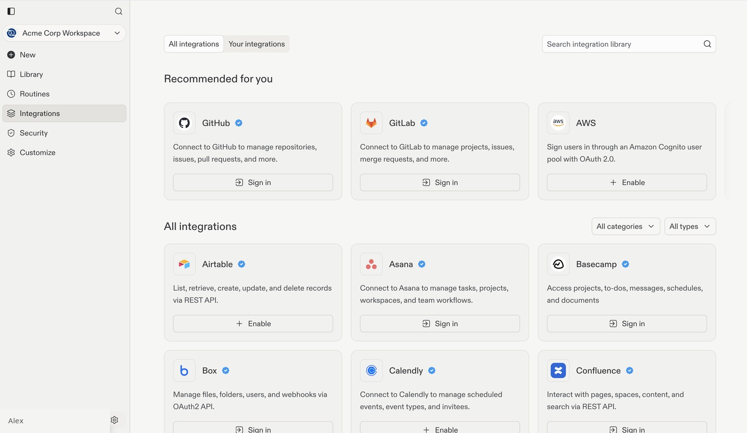Replit integration library showing service cards, search, and category filters.