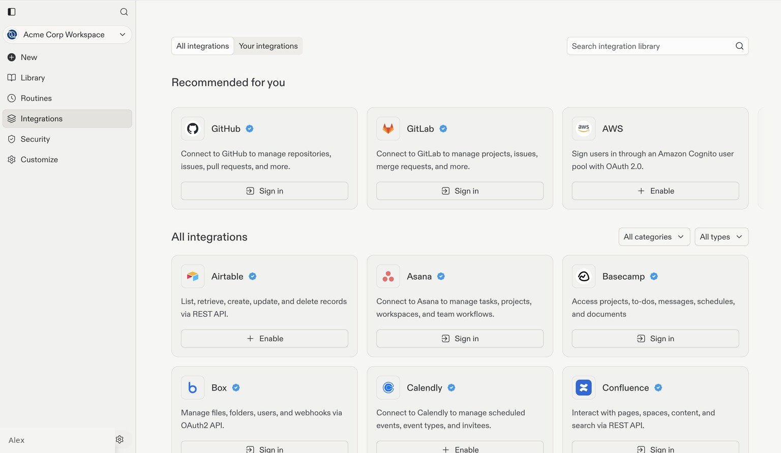 Replit integration library showing service cards, search, and category filters.