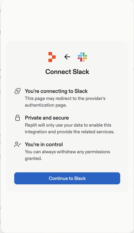 Connect Slack dialog explaining provider authentication, data access, and permission control, with Continue to Slack.