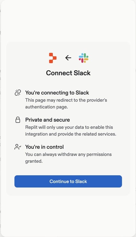 Connect Slack dialog explaining provider authentication, data access, and permission control, with Continue to Slack.
