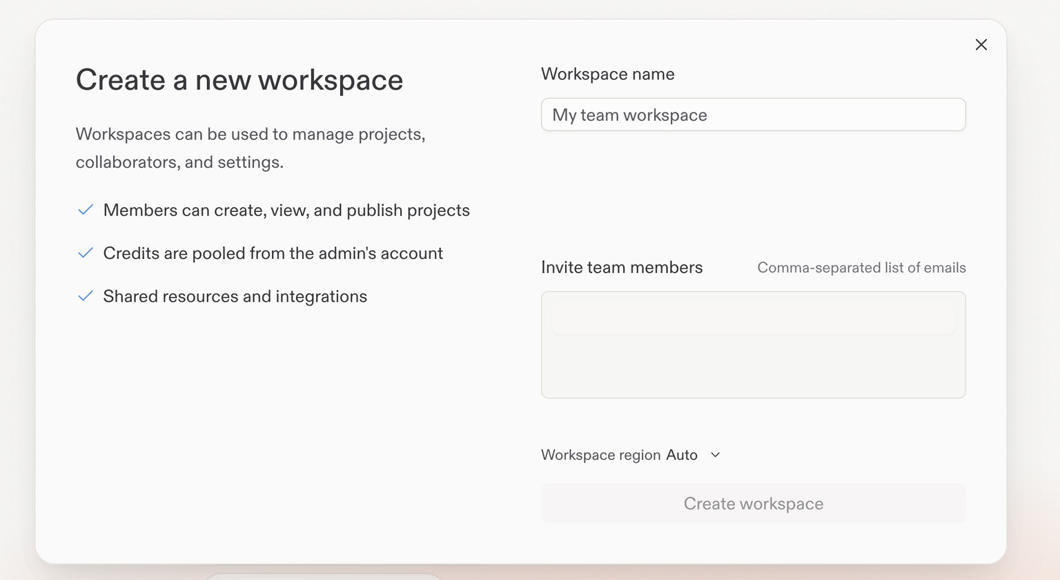 Create a new workspace form with Workspace name, Invite team members, Workspace region, and a Create workspace button.