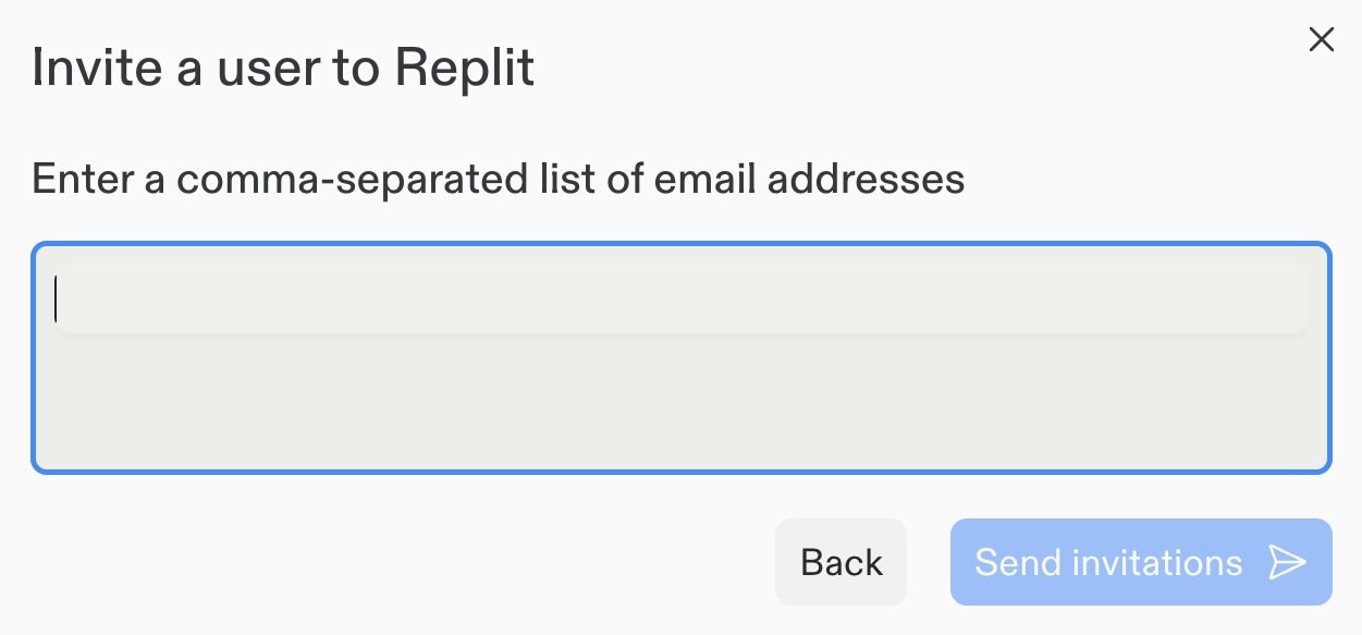 Invitation dialog with a field for a comma-separated list of email addresses and a Send invitations button.