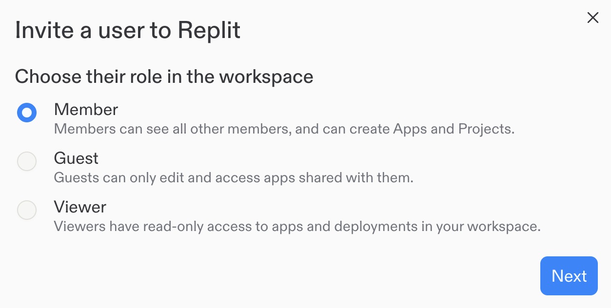 Invite a user to Replit dialog with Member, Guest, and Viewer choices and a Next button.