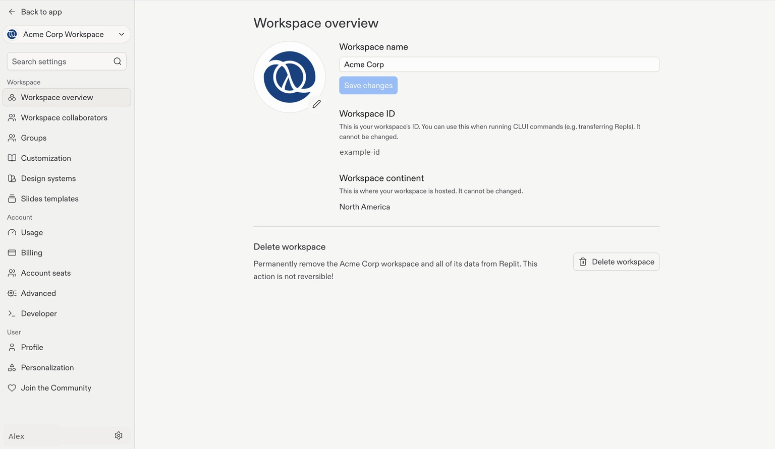 Workspace overview showing the editable Workspace name, logo with an edit pencil, Save changes button, and Settings cogwheel at the bottom left.