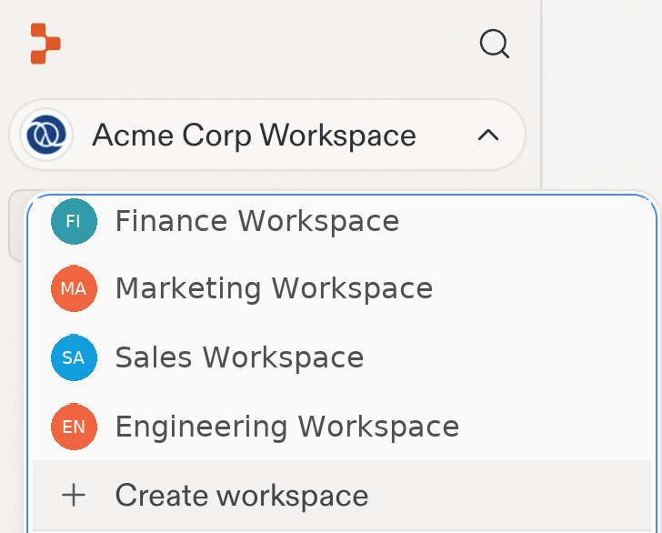 Workspace menu with Finance, Marketing, Sales, and Engineering example Workspaces, and a plus icon beside Create workspace at the bottom.