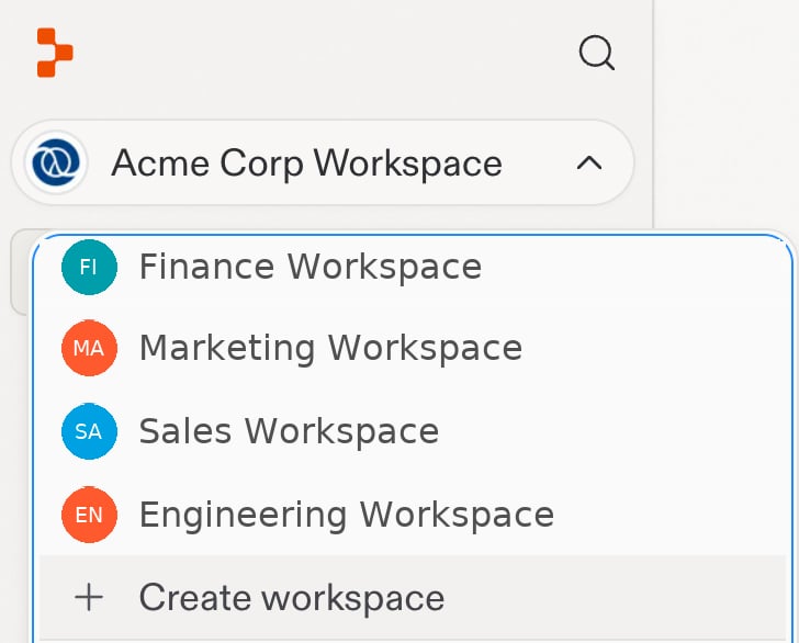 Workspace menu with Finance, Marketing, Sales, and Engineering example Workspaces, and a plus icon beside Create workspace at the bottom.