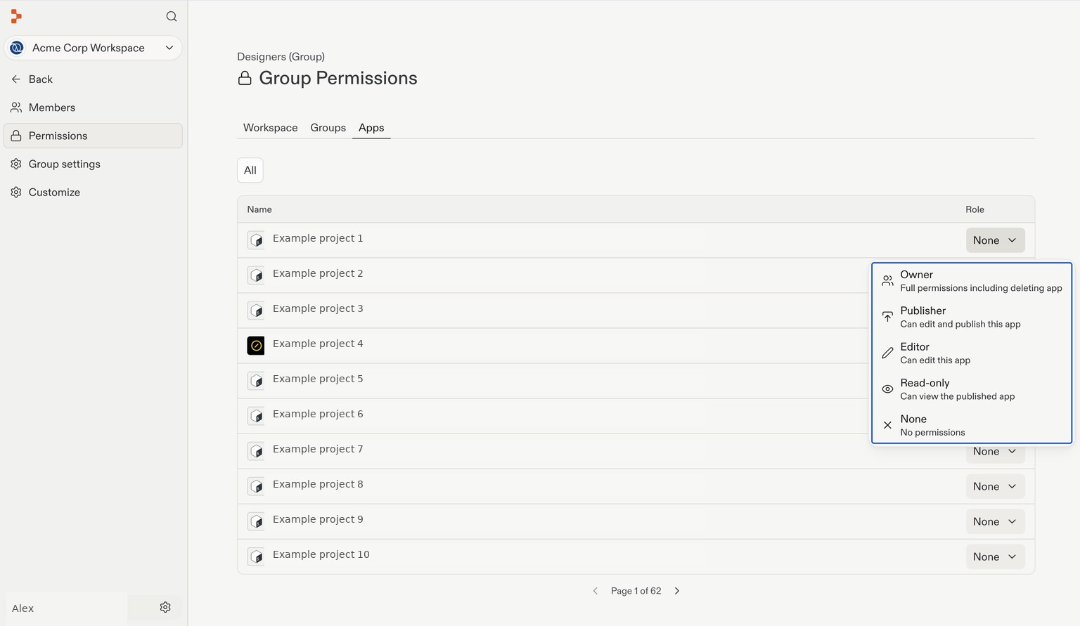 Apps permissions tab with example projects and an open dropdown showing Owner, Publisher, Editor, Read-only, and None.