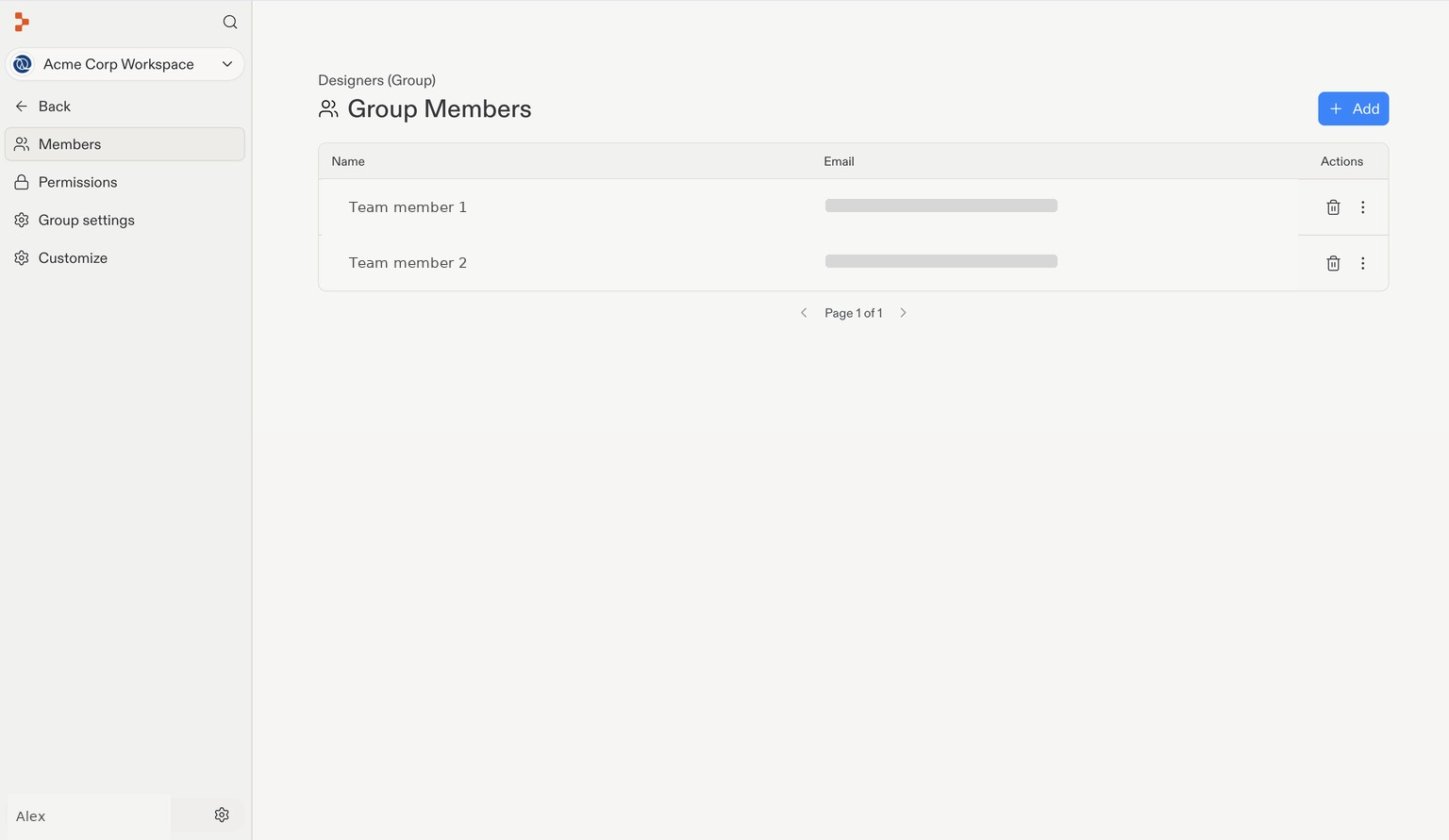 Group Members page with a sanitized member list and an Add button.
