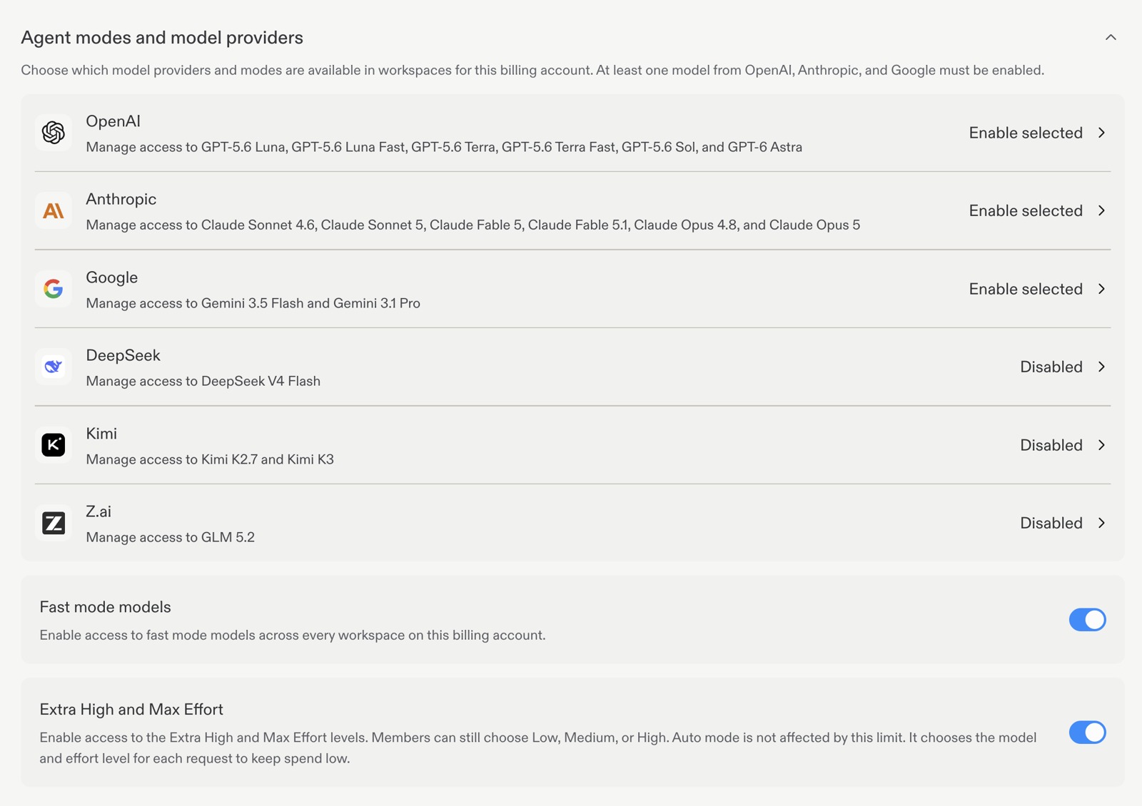 Model provider settings with provider policies, Fast mode models, and Extra High and Max Effort controls.