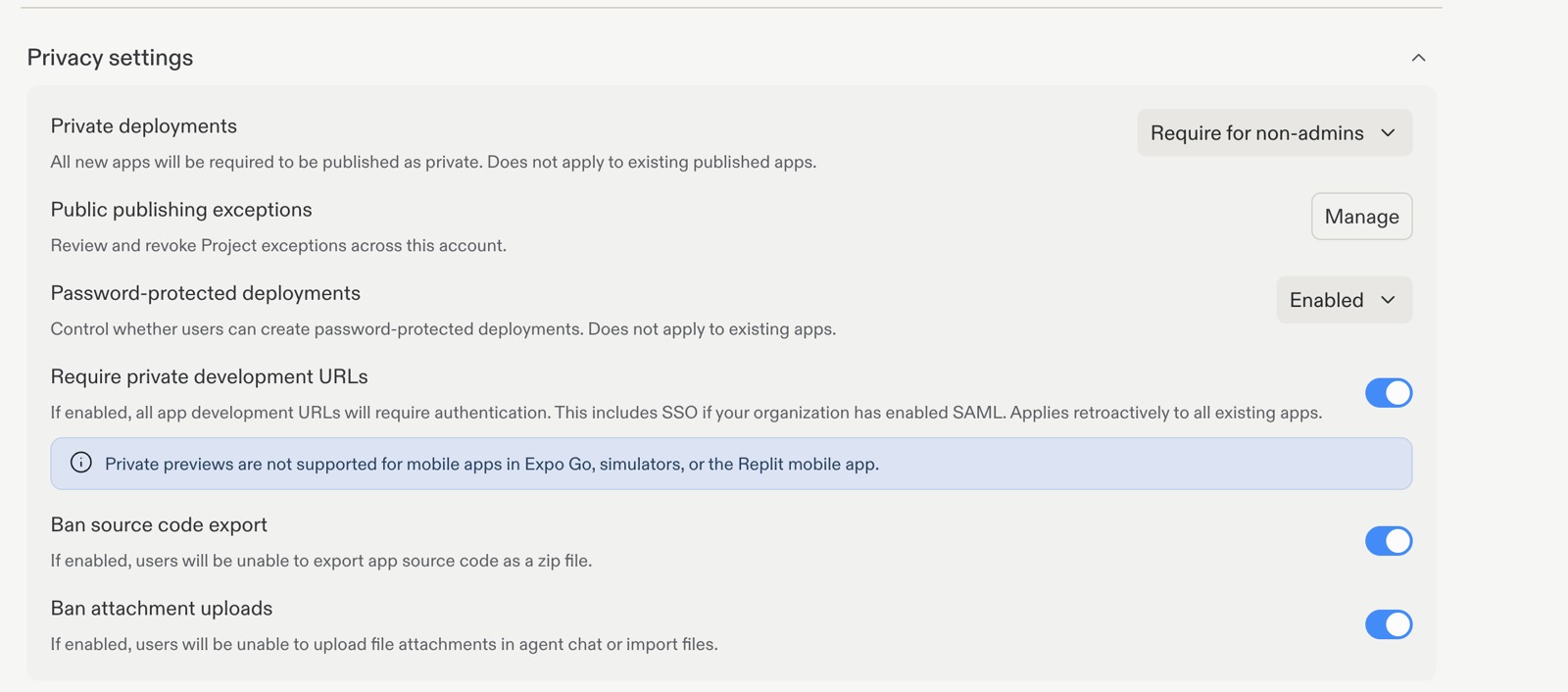 Privacy settings showing private deployments, public publishing exceptions, password protection, private development URLs, and export and upload restrictions.