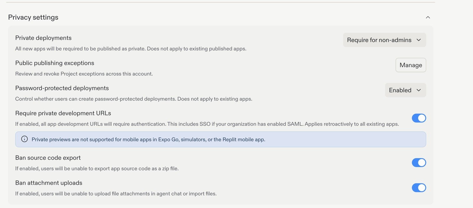 Privacy settings showing private deployments, public publishing exceptions, password protection, private development URLs, and export and upload restrictions.